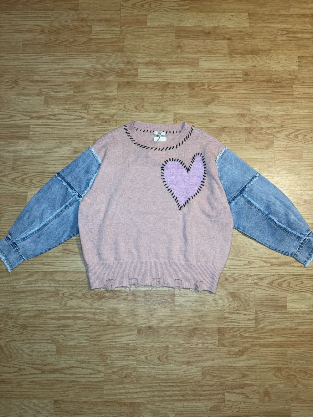 NWT Easel Pink Knit Sweater with Heart Stitch and Light Blue Denim Sleeves